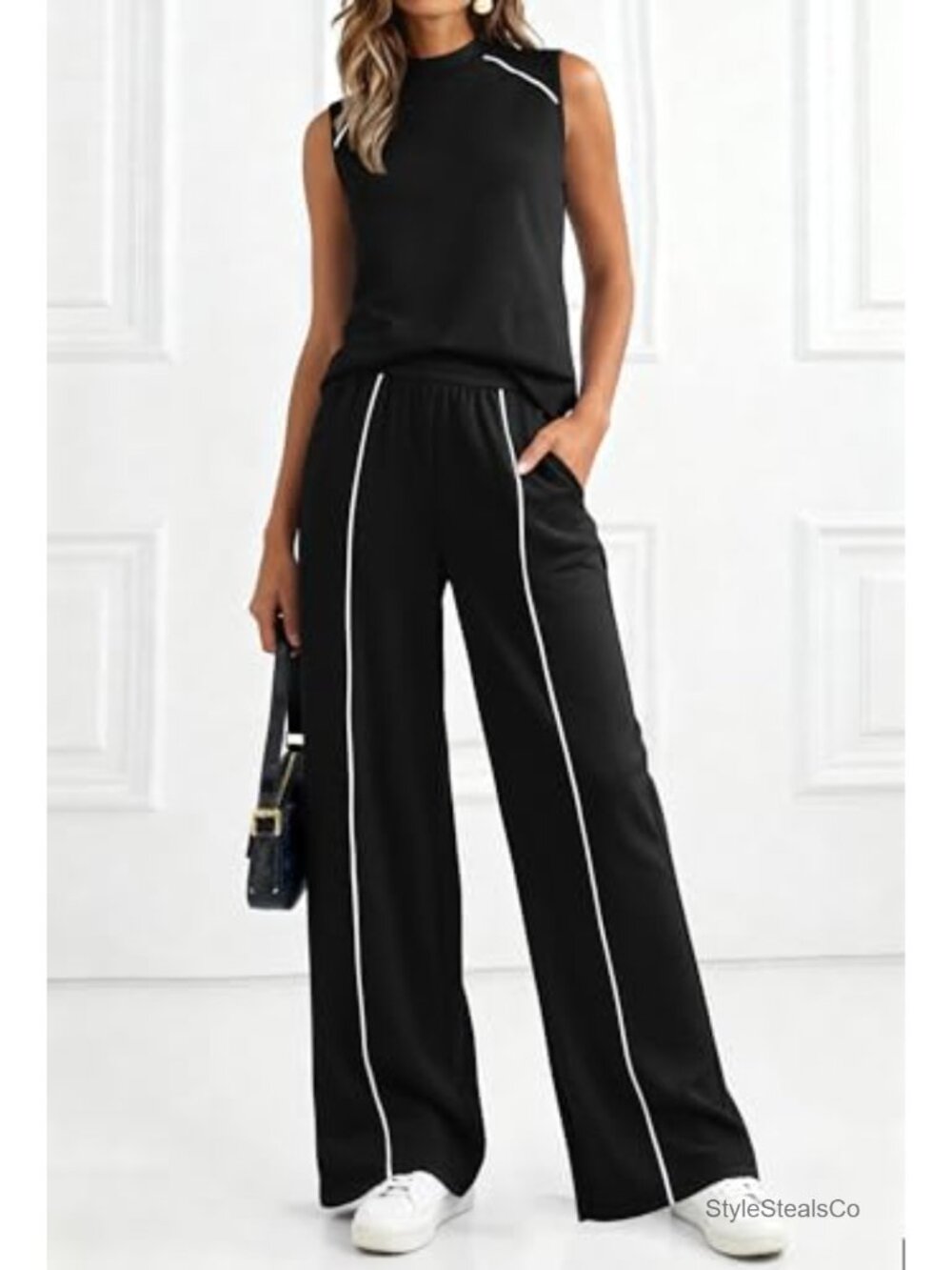 Mock Neck Sleeveless Tank Top and Wide Leg Pants Two Piece Lounge Set - Picture 2 of 6